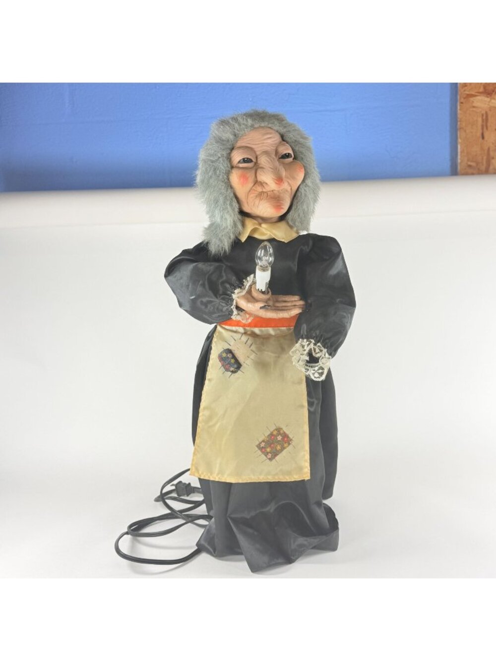 Vintage Animated Halloween Witch Holding Light Up Candle Black Robe Apron Decor